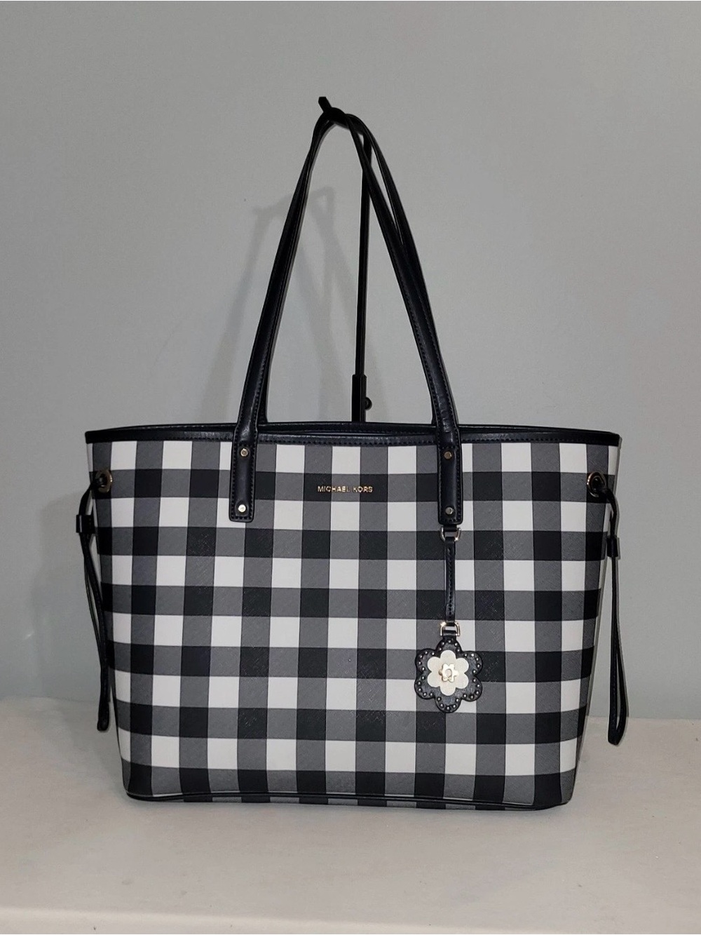 Michael Kors Gingham Tote Bag Navy White Check Coated Canvas Flower Charm Large